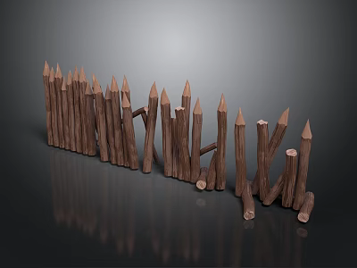 Rustic Outdoor Scenery With Irregular Pointed Wooden Fence And Reflection On Gray Background 3d model