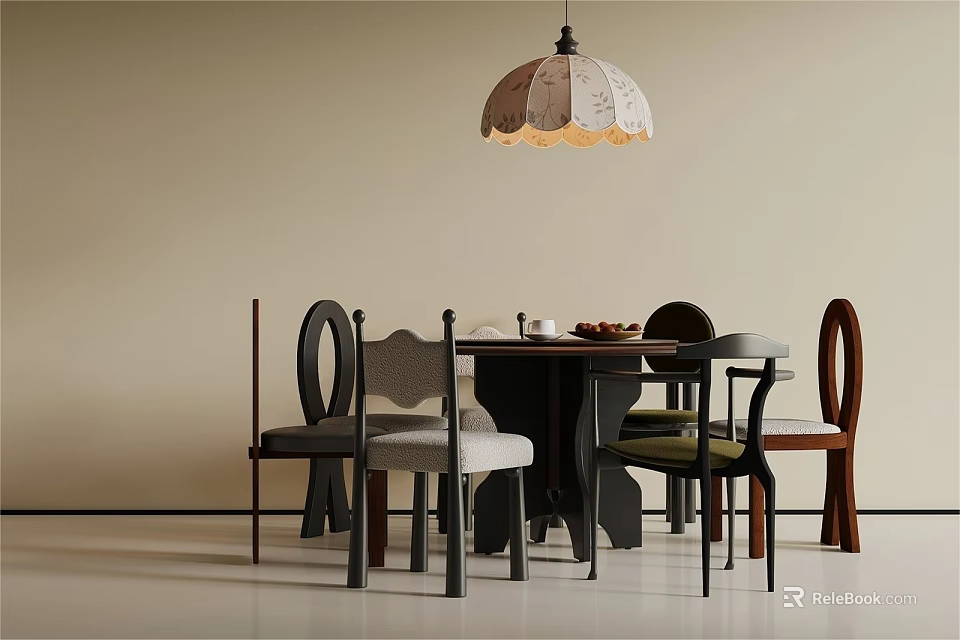Dining Table With Various Designed Chairs Under Hanging Pendant Light Light Colored Wall White Floor 3d model