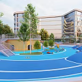 Modern Landscape Design With Trees Pathways And Open Plaza Around Buildings