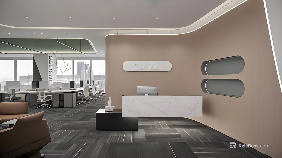 Modern Public Office Space With Marble Reception Desk Light Brown Wall And Open Layout 3d model
