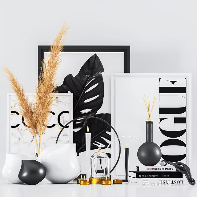 Stylish Decorative Ornament Set with Dried Pampas Grass Black White Vases Candle and Framed Artworks 3d model 