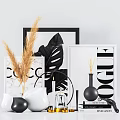 Stylish Decorative Ornament Set with Dried Pampas Grass Black White Vases Candle and Framed Artworks