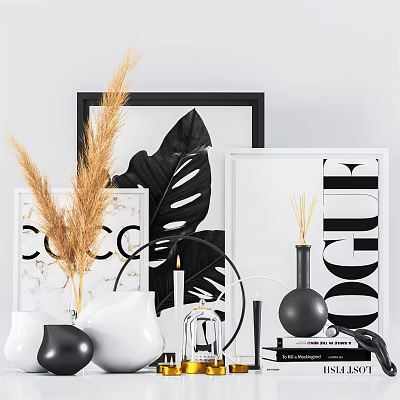 Stylish Decorative Ornament Set with Dried Pampas Grass Black White Vases Candle and Framed Artworks 3d model