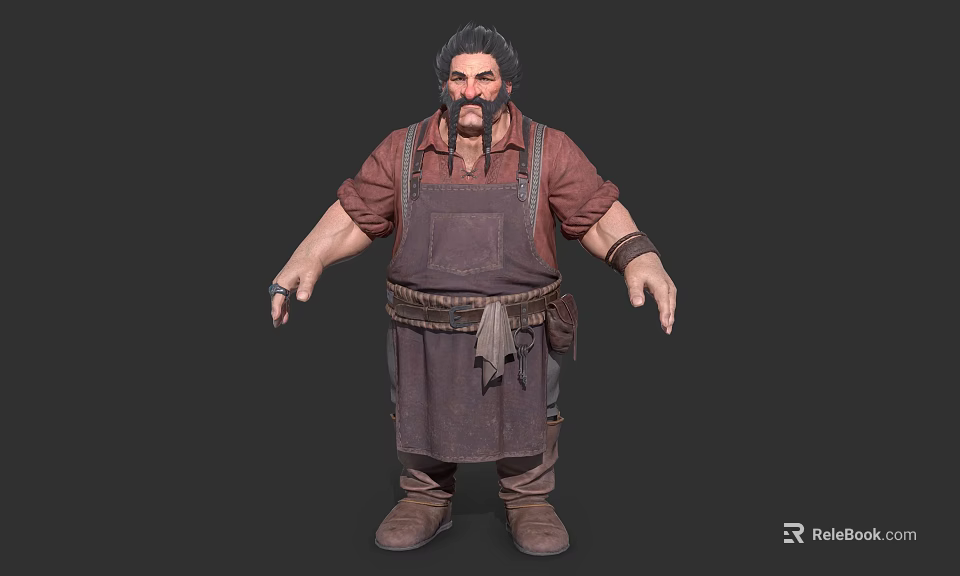Bearded Man In Brown Shirt With Dark Apron Leather Wristbands And Boots 3d model 