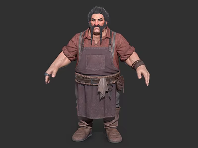 Bearded Man In Brown Shirt With Dark Apron Leather Wristbands And Boots 3d model