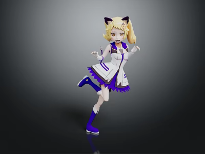 Anime Style Blonde Twin Tail Character With Cat Ears In White Purple Dress Running Pose 3d model
