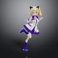 Anime Style Blonde Twin Tail Character With Cat Ears In White Purple Dress Running Pose