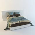 Double Bed Featuring White Headboard Patterned Blue Brown Pillows and Blue Bedspread 3d model