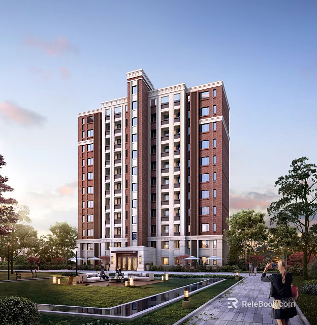 Modern High Rise Residential Building Red Brick Exterior White Accents Greenery Lawn Trees 3d model 