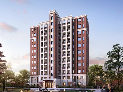 Modern High Rise Residential Building Red Brick Exterior White Accents Greenery Lawn Trees 3d model