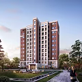 Modern High Rise Residential Building Red Brick Exterior White Accents Greenery Lawn Trees