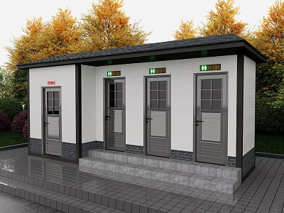 Outdoor Public Restroom Building With White Gray Exterior And Trees Around 3d model