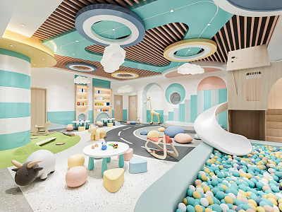 Kindergarten Indoor Play Space Featuring Colorful Ball Pit Slide Small Round Tables Green Lawn And Decorative Ceiling 3d model