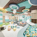Kindergarten Indoor Play Space Featuring Colorful Ball Pit Slide Small Round Tables Green Lawn And Decorative Ceiling