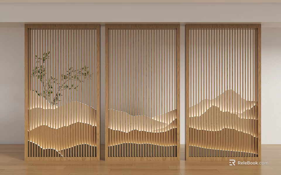 Three Panel Wooden Screen With Illuminated Mountain And Plant 3d model 