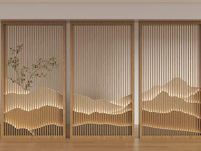 Three Panel Wooden Screen With Illuminated Mountain And Plant 3d model