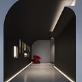 Modern Office Corridor Interior With Arched Design Recessed Lighting And Red Accent Chair