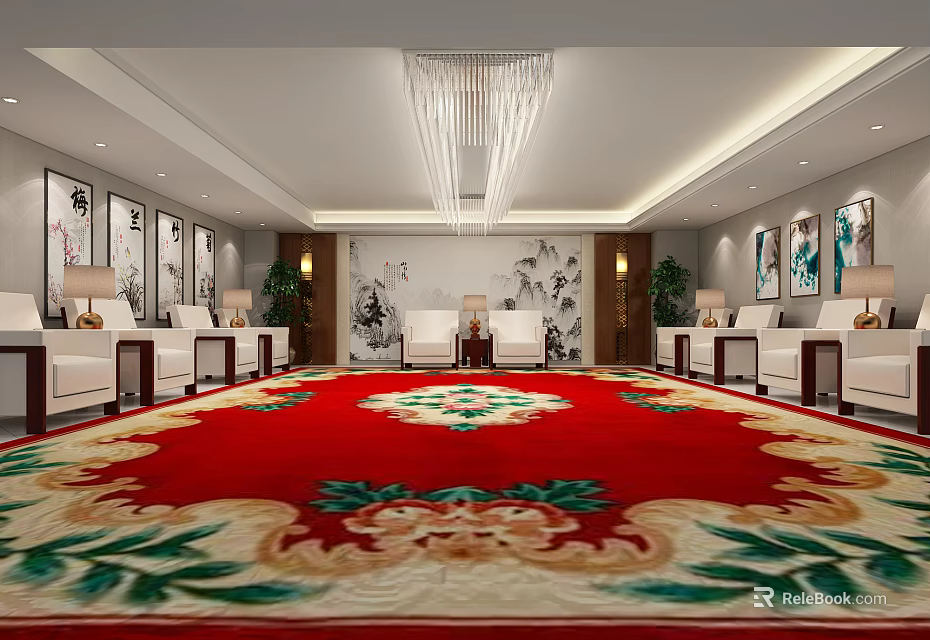 Elegant Hotel Public Lounge Area With Red Patterned Carpet White Sofas And Decorative Paintings 3d model
