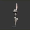 3D Rabbit Model With Long Ears Purple Eyes White Body Blue Cuffs On Gray Background