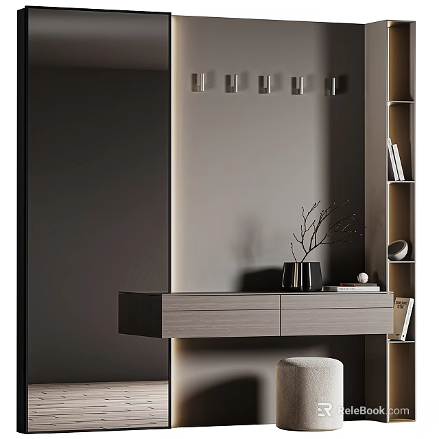 Stylish Entryway Hallway Design Featuring Wooden Console Table Black Vase Round Stool And Wall Spotlights 3d model 