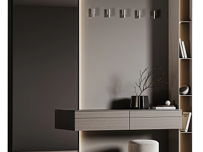 Stylish Entryway Hallway Design Featuring Wooden Console Table Black Vase Round Stool And Wall Spotlights 3d model