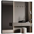 Stylish Entryway Hallway Design Featuring Wooden Console Table Black Vase Round Stool And Wall Spotlights