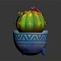 Cartoon Cactus Scene With Pink Flower Yellow Spines Blue Pot Geometric Patterns And Three Feet