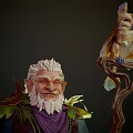 Man with White Hair Beard Holding Staff with Owl Leaf Decorations and Green Glowing Object