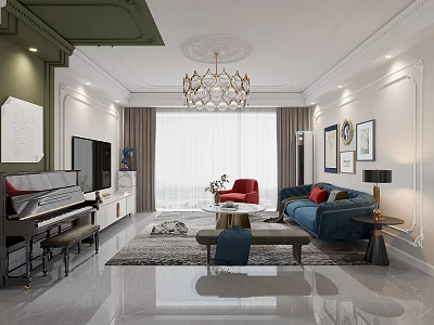 Elegant Modern Living And Dining Room Interior With Green Wall Chandelier Blue Sofa And Piano 3d model