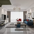 Elegant Modern Living And Dining Room Interior With Green Wall Chandelier Blue Sofa And Piano