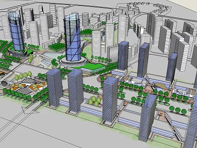 Modern Office Buildings in Urban Landscape With Central Green Plaza Surrounding Skyscrapers And Parks 3d model
