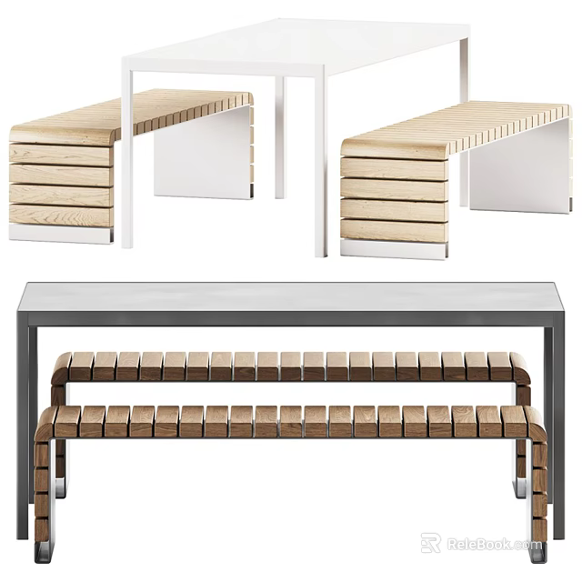 Modern Wooden Table and Bench Set With Metal Frame Contemporary Home Design 3d model 