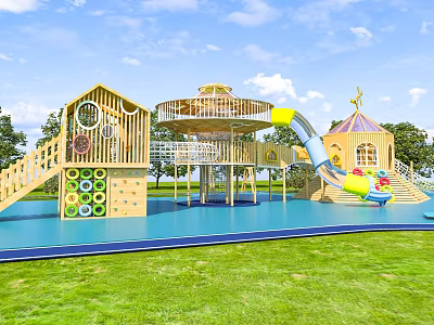 Wooden Kids Play Area With Slide Climbing Elements And Blue Floor On Green Lawn 3d model