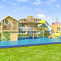 Wooden Kids Play Area With Slide Climbing Elements And Blue Floor On Green Lawn