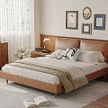Modern Double Bed With Wooden Frame Bedside Lamps Decorative Paintings And Soft Pillows
