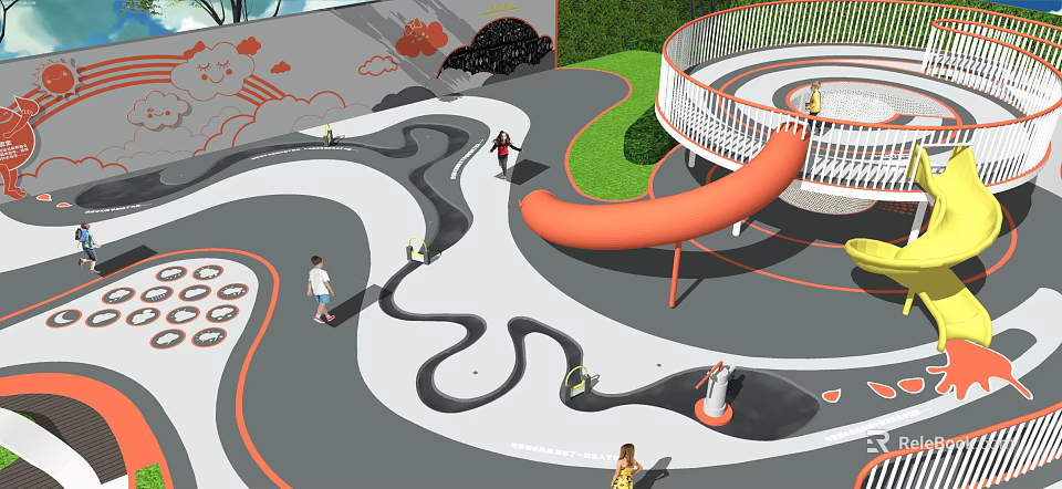 Children's Playground With Curved Paths Orange Slide Circular Structure Green Lawn And People 3d model 