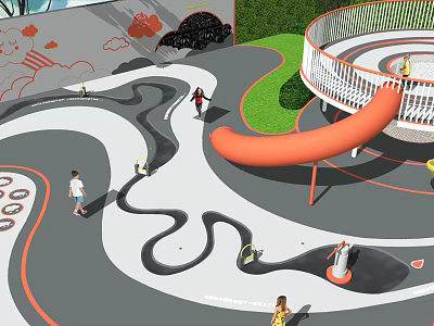 Children's Playground With Curved Paths Orange Slide Circular Structure Green Lawn And People 3d model