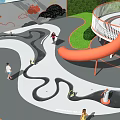 Children's Playground With Curved Paths Orange Slide Circular Structure Green Lawn And People