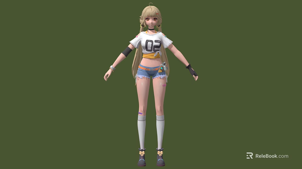 Anime Female Character With Blonde Twin Tails White T Shirt 02 Ripped Blue Denim Shorts 3d model 