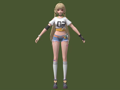 Anime Female Character With Blonde Twin Tails White T Shirt 02 Ripped Blue Denim Shorts 3d model