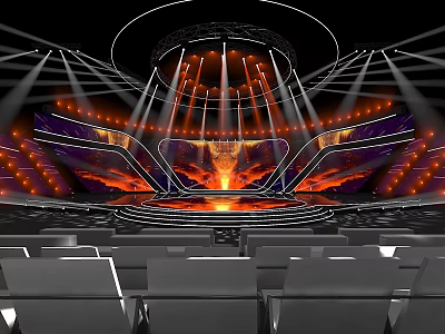 Modern Stage Design With Fiery Backdrop Stage Lights And Audience Seats 3d model