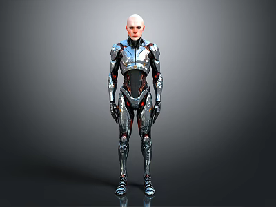 Futuristic Armored Character And Mechanical Being In Sleek Silver Black Red Armor Standing Pose 3d model