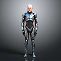 Futuristic Armored Character And Mechanical Being In Sleek Silver Black Red Armor Standing Pose
