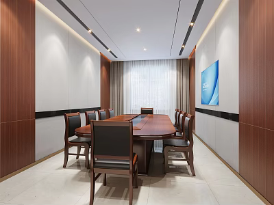 Modern Conference Room With Long Table Wooden White Walls Curtains Dark Chairs And Wall Screen 3d model