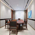 Modern Conference Room With Long Table Wooden White Walls Curtains Dark Chairs And Wall Screen