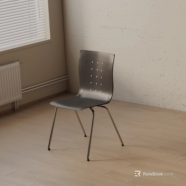 Minimalist Metal Dining Chair With Perforated Backrest In Indoor Wooden Floor Space 3d model 