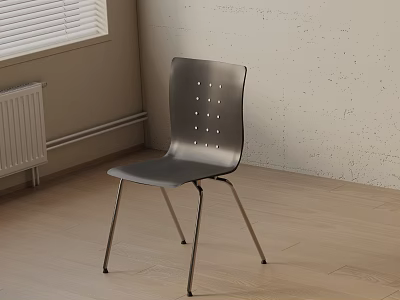 Minimalist Metal Dining Chair With Perforated Backrest In Indoor Wooden Floor Space 3d model