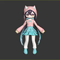 Cute Game And Movie Character With Pink Cat Ear Hood Purple Hair And Blue Skirt