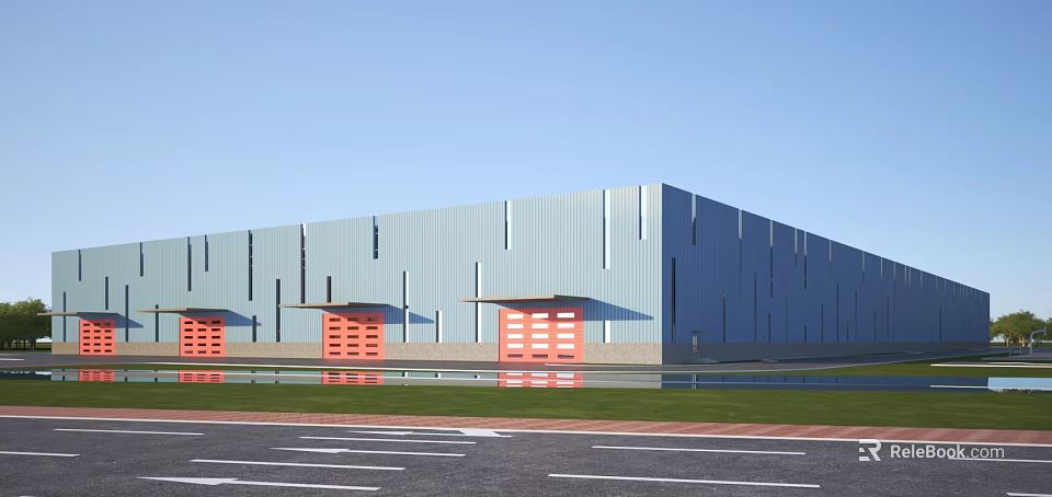 Modern Industrial Factory Building With Metal Siding Red Doors And Green Lawn 3d model 