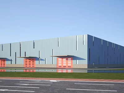 Modern Industrial Factory Building With Metal Siding Red Doors And Green Lawn 3d model